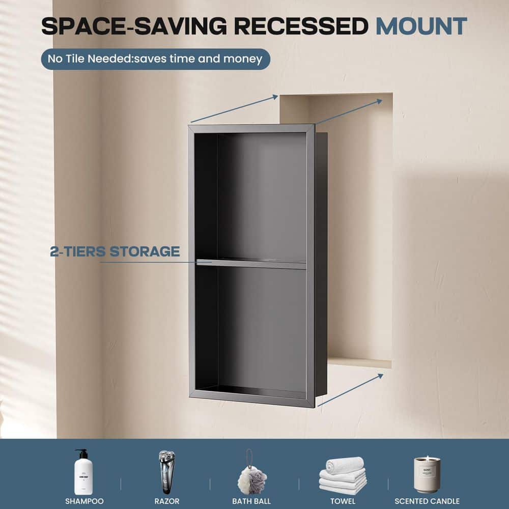 Peorsily 12 in. W x 24 in. H x 4 in. D Waterproof Recessed Shower Niche with Double Shelves in Matte Black, No Tile Needed (2)
