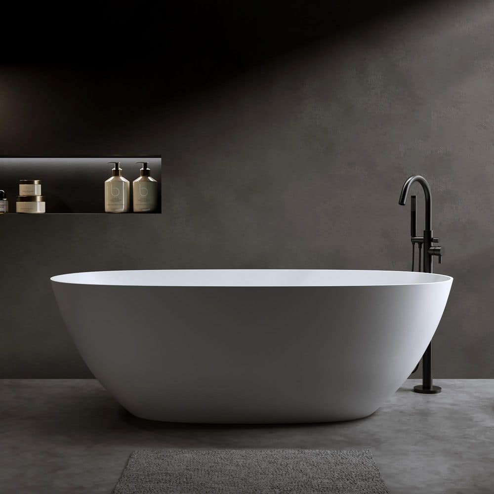 CASAINC 30.7 in. Solid Surface Stone Flatbottom Freestanding Soaking Bathtub whit Center Drain (4)
