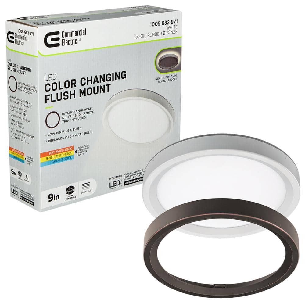 Commercial Electric 9 in. White, Oil Rubbed Bronze Trims 800 Lumens LED Flush Mount Ceiling Light Fixture with Night Light Adjustable CCT (2)