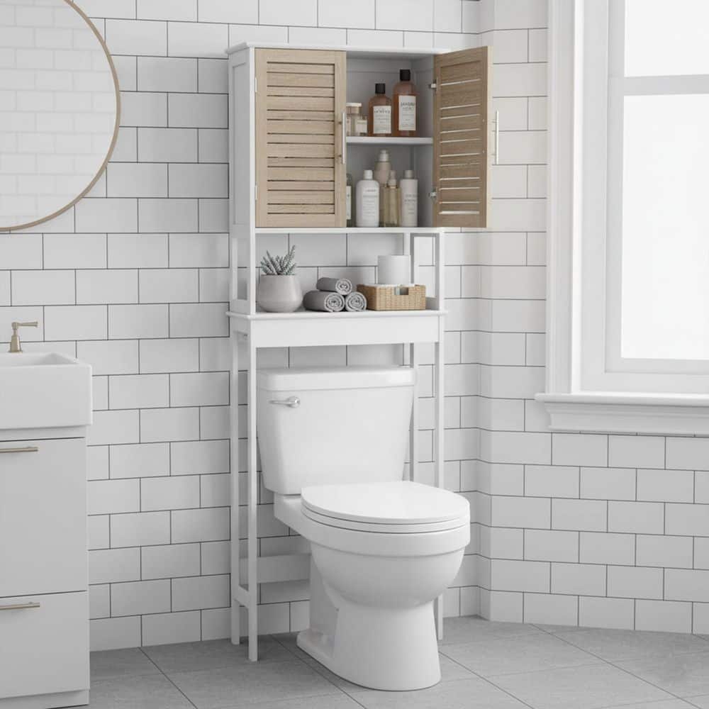 EVIDECO French home goods Stockholm 24.8 in. W x 70.5 in. x H 9 in. D Oak Over-the-Toilet Storage (3)