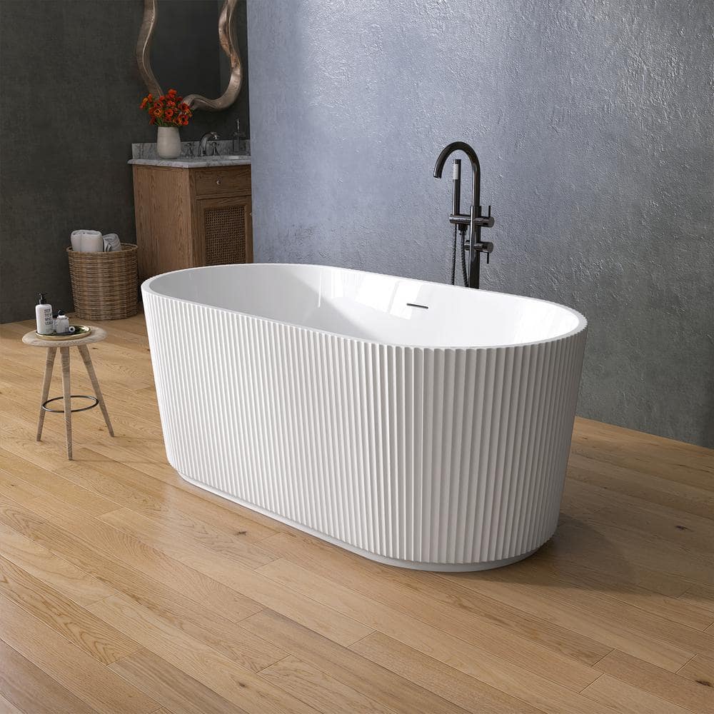 Zeafive Lax 59 in. x 29.53 in. Freestanding Soaking Bathtub Flatbottom Decorative Free Standing Alone Tub Chrome Drain in White (3)