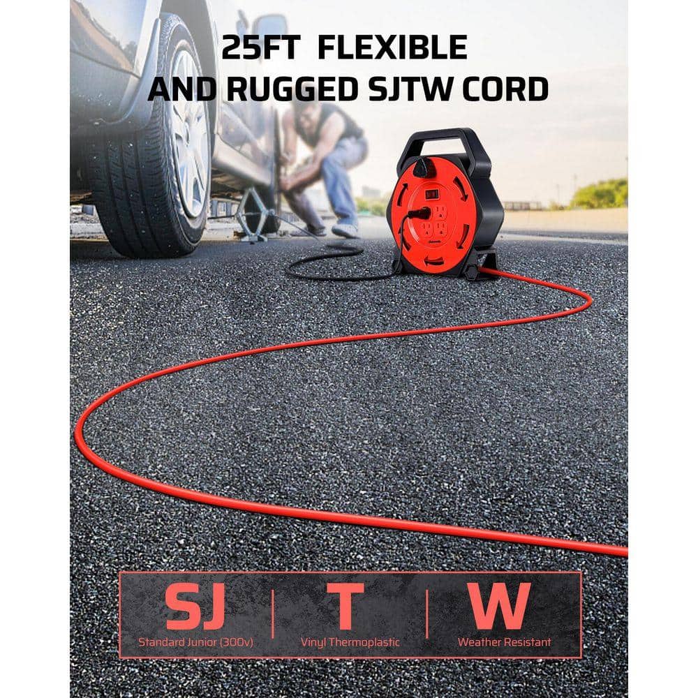 DEWENWILS Heavy Duty 25 ft. 16 / 3 SJTW 13 Amp Retractable Hand Wind Extension Cord Reel with 4-Power Outlets, Red (3)