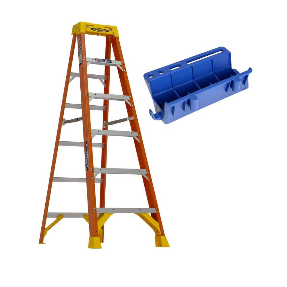 Werner 6 ft. Fiberglass Step Ladder with 300 lbs. Load Capacity Type IA Duty Rating and Lock-in Job Caddy Accessory