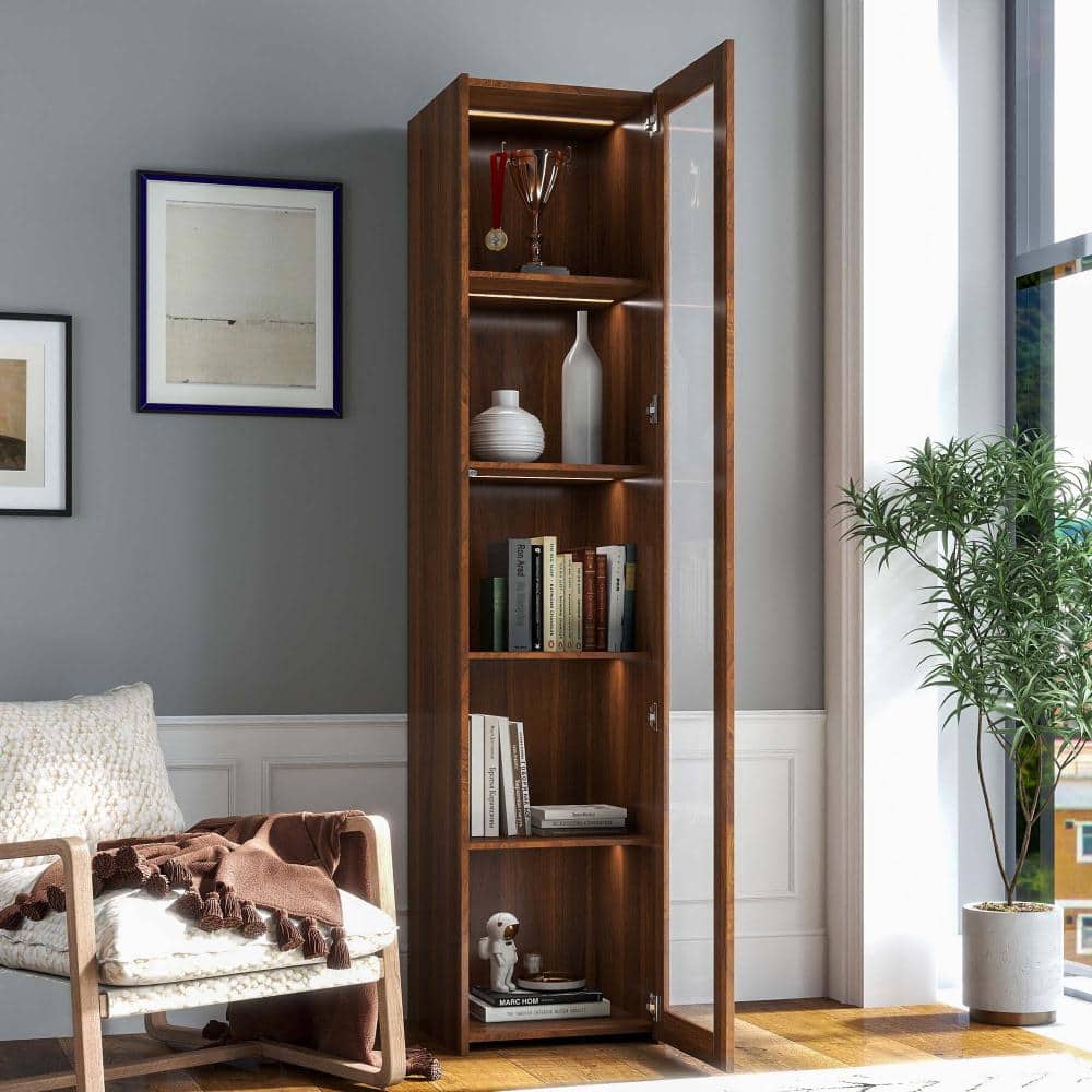 XUJMK 16 in W 16 in D 71 in H Linen Cabinet, Bookshelf Cabinet with 5 Shelves, LED Lights, Acrylic Plate Door (2)