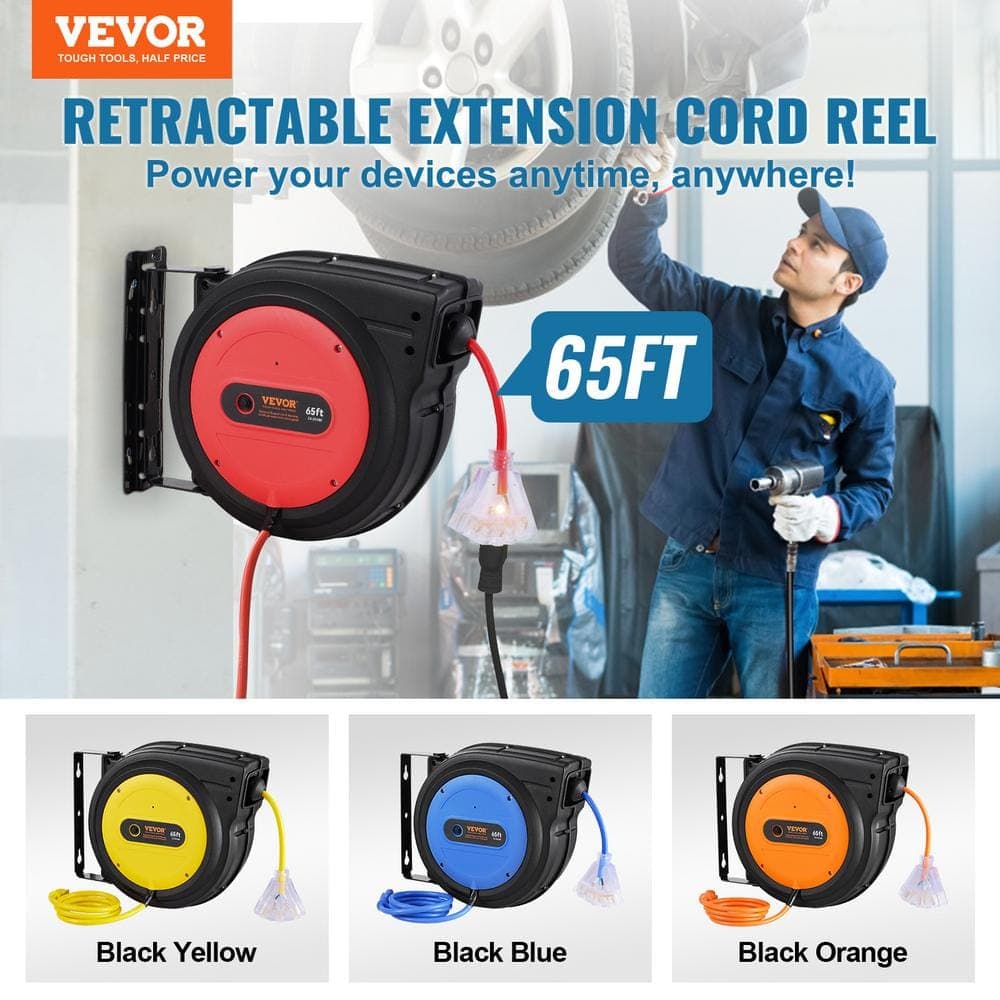 VEVOR 65 ft. 12/3 15 Amp Red Retractable Extension Cord Reel Heavy-Duty Retractable Power Cord with Lighted Triple Tap Outlet (2)