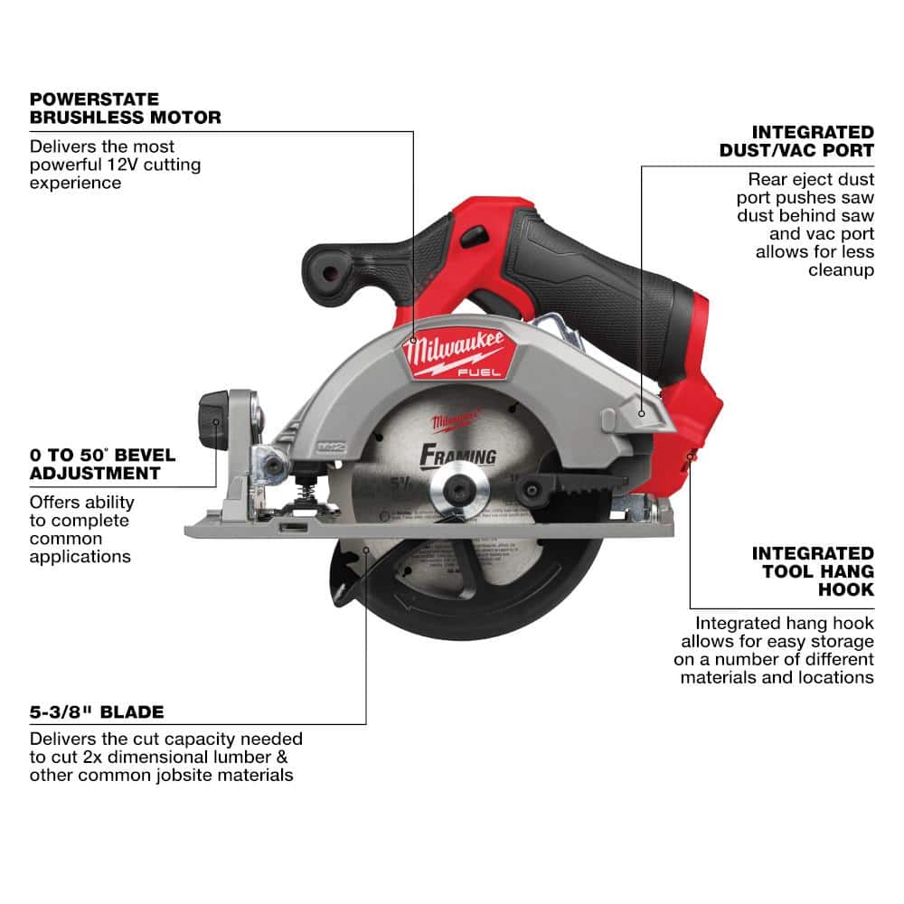Milwaukee M12 FUEL 12V Lithium-Ion Brushless 5-3/8 in. Cordless Circular Saw w/ M12 12V XC High Output 5.0 Ah Battery Pack (3)