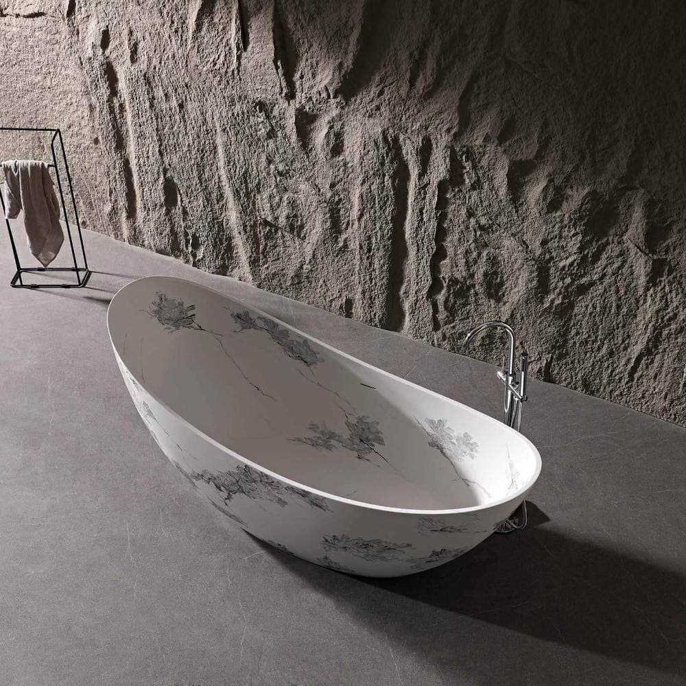GIVING TREE AURIN 74 in. Freestanding Stone Resin Bathtub Solid Surface Oval Bathtub High Backrest in Ink Floral Finish (2)