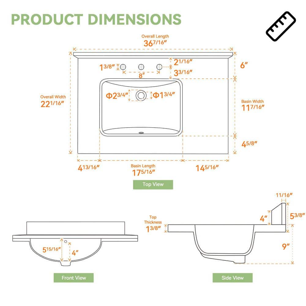 Getpro 36 in. W x 22 in. D Engineered Stone White Rectangular Left Single Sink Vanity Top in Carrara White w/ 4 in. Backsplash (2)