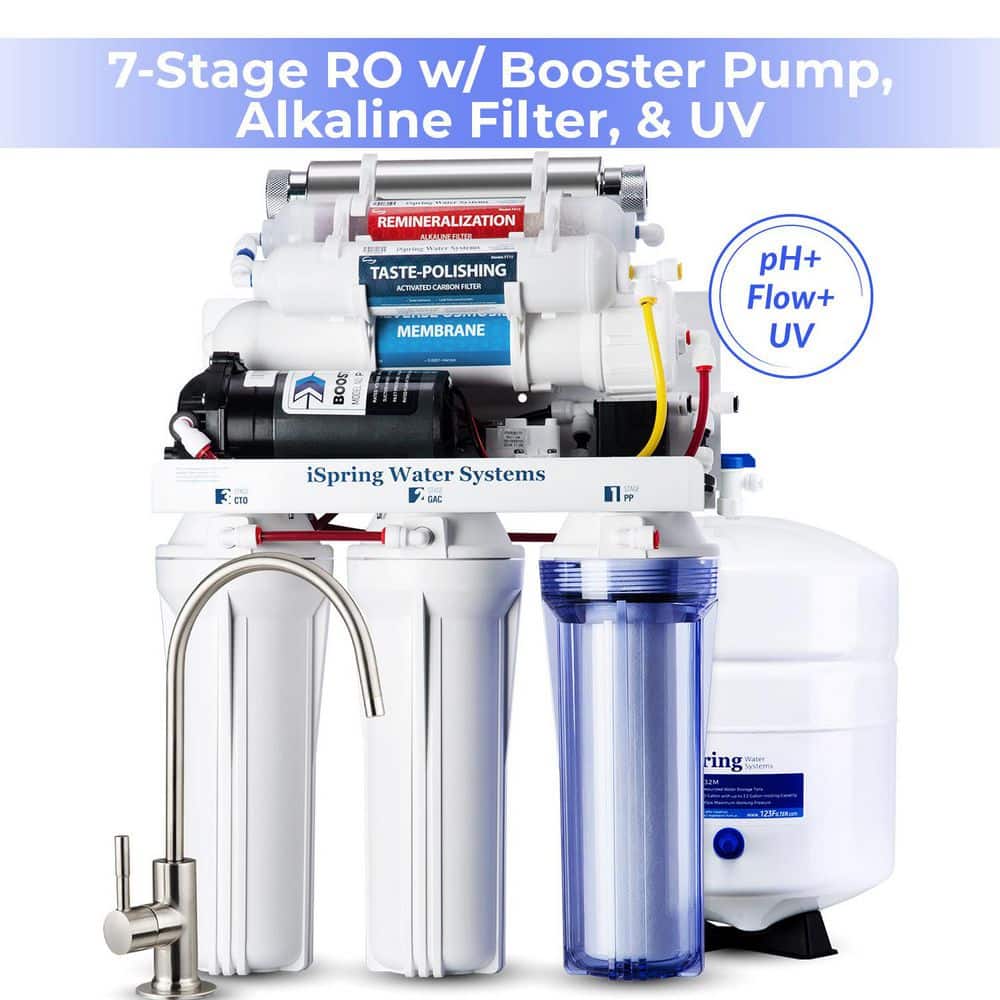 ISPRING 7-Stage Under Sink RO Water Filter System with Alkaline, UV, & Pump, Reduces PFAS, Lead, Chloramine, Fluoride, 100 GPD