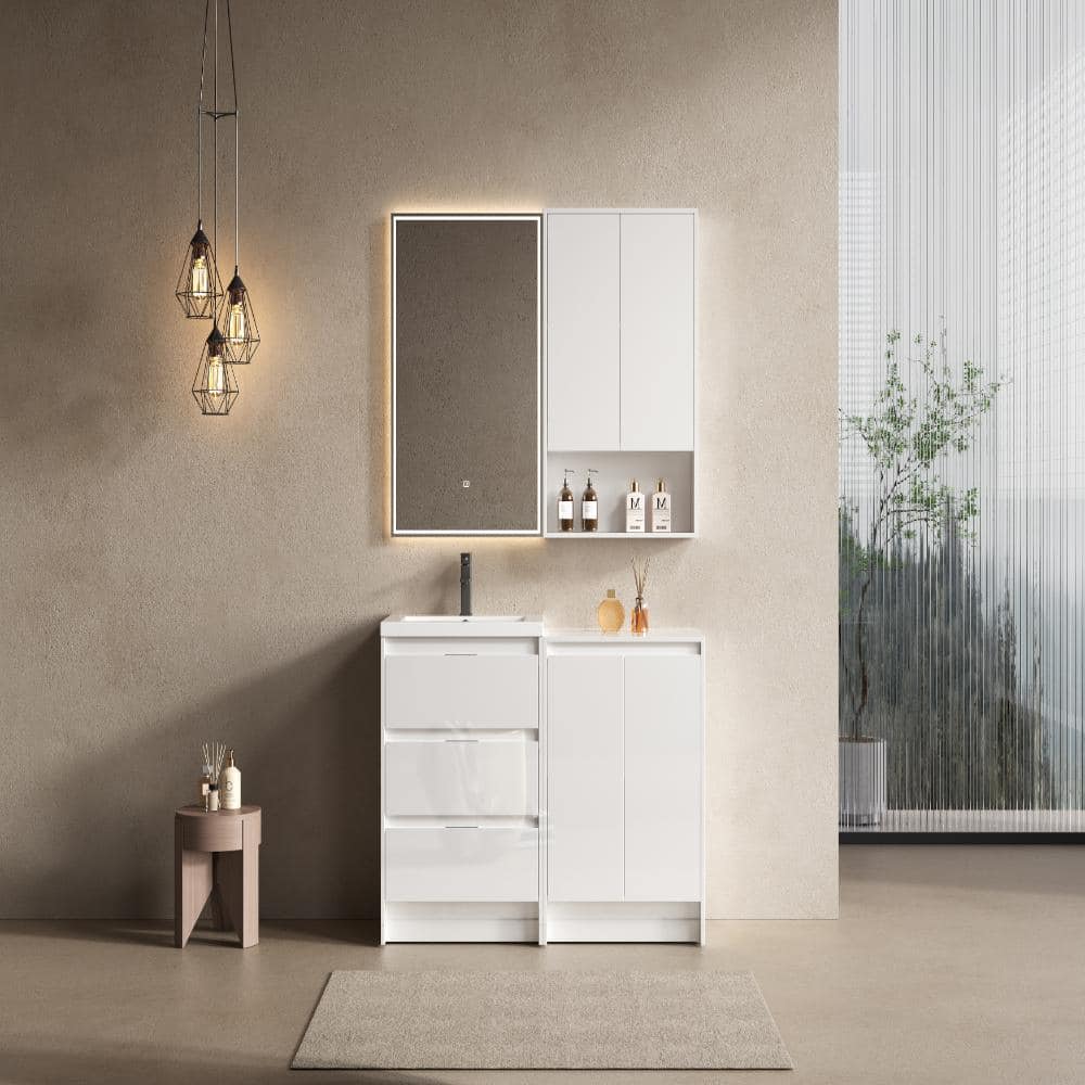 Flynama 48-Inch Freestanding Vanity With Sink, Drawers, Doors & Matching Wall Cabinet, Glossy White (2)