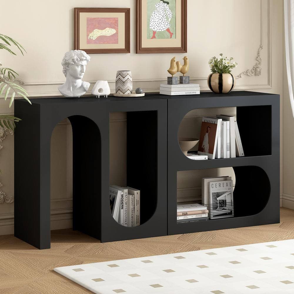 Unbranded 62.8 in. W x 15.7 in. D x 31.4 in. H Black Wood Linen Cabinet with Rectangular Exterior and Curved Interior Design (2)