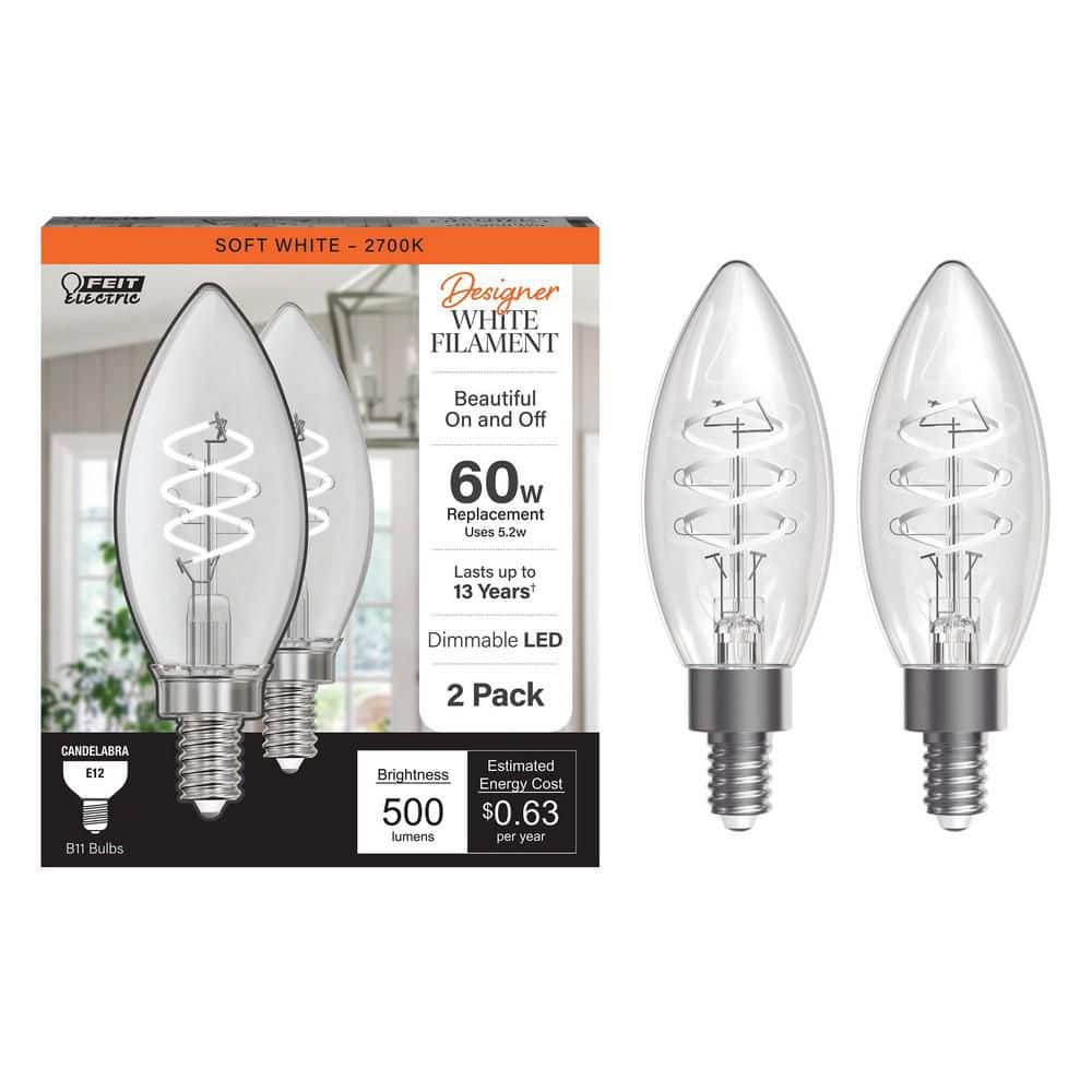 Feit Electric 60-Watt Equivalent B10 Double Spiral White Thin Filament Clear E12 Candelabra LED Light Bulb, Soft White 2700K (2-Pack) (2)
