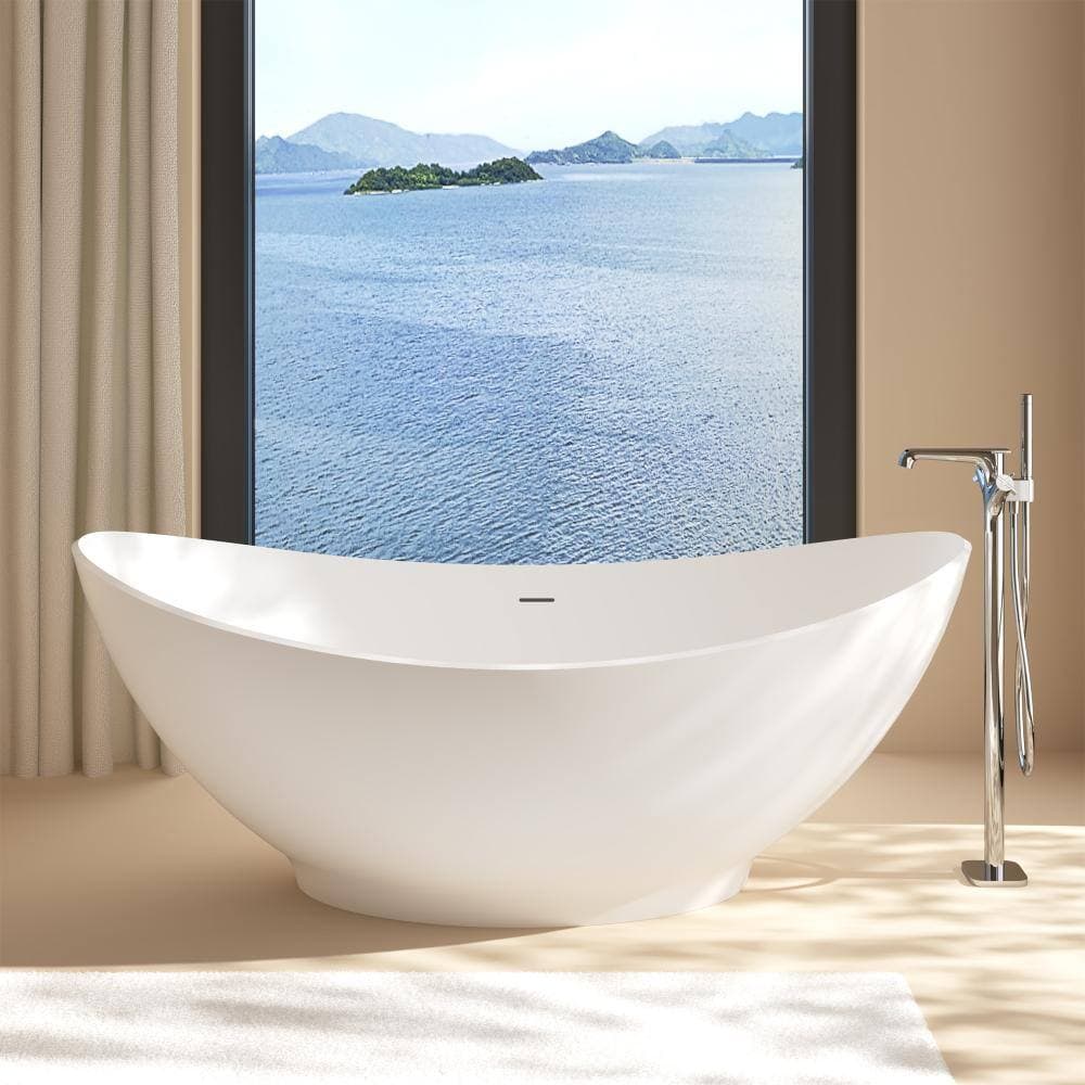 COWINER 67 in. x 31.5 in. Solid Surface Stone Resin Freestanding Soaking Bathtub with Center Drain & Overflow in Matte White (2)