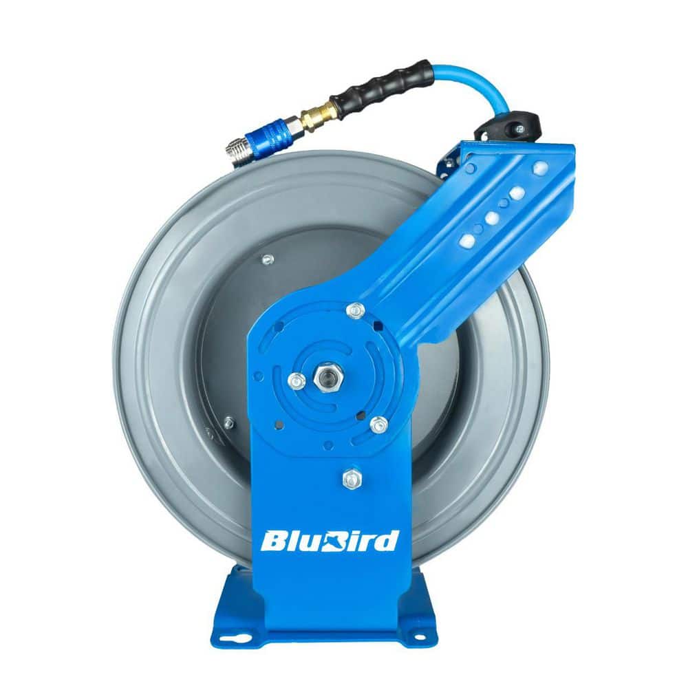 BLUBIRD 1/2 in. x 50 ft. Rubber Air Hose and Single Arm Steel Hose Reel with Swivel Mount Base, Coupler and Socket Wrench