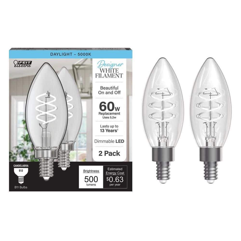 Feit Electric 60-Watt Equivalent B10 Double Spiral White Thin Filament Clear E12 Candelabra LED Light Bulb, Daylight 5000K (2-Pack) (2)