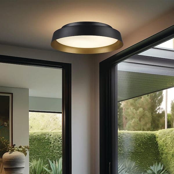 Monteaux Lighting 13 in. Black and Gold Integrated LED Flush Mount Ceiling Light with Frosted Glass