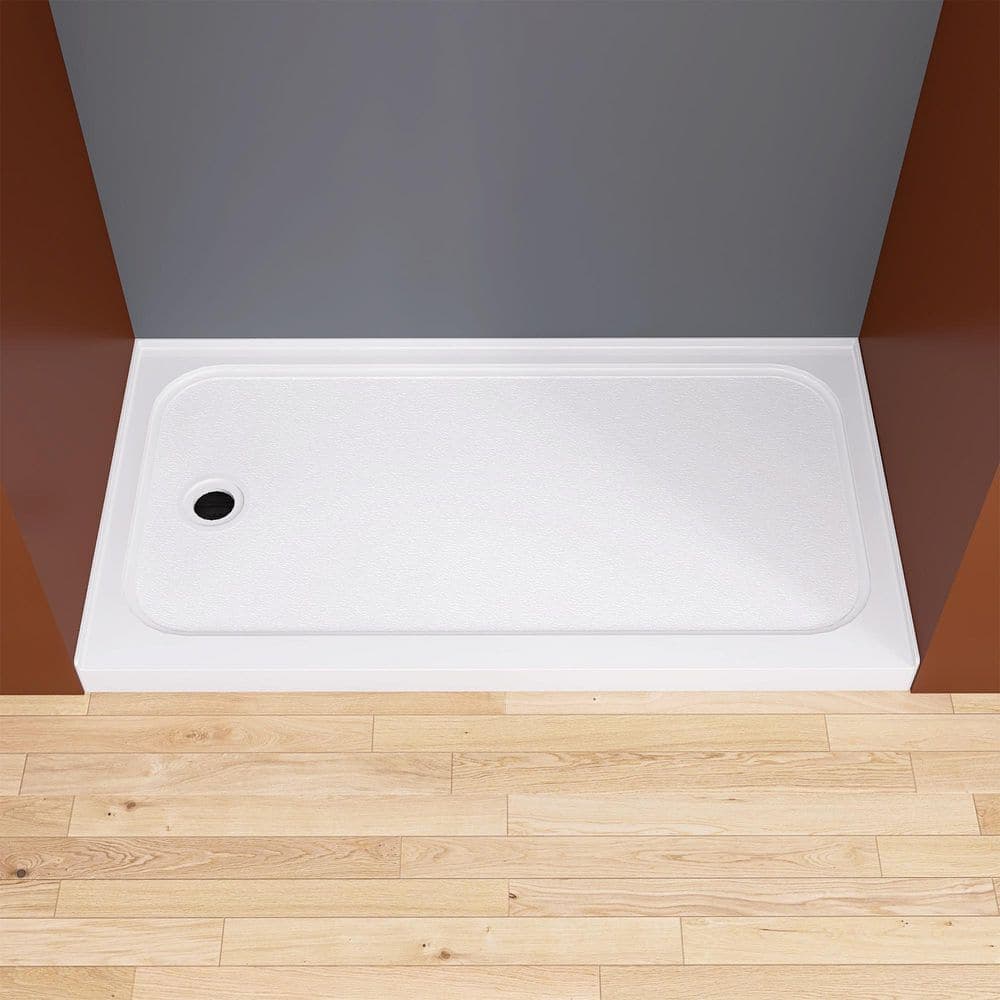 Zeafive Nsia 60 in. L x 32 in. W Alcove Single Threshold Shower Pan Base with Left Drain Hole in White Non-Slip Design (1)