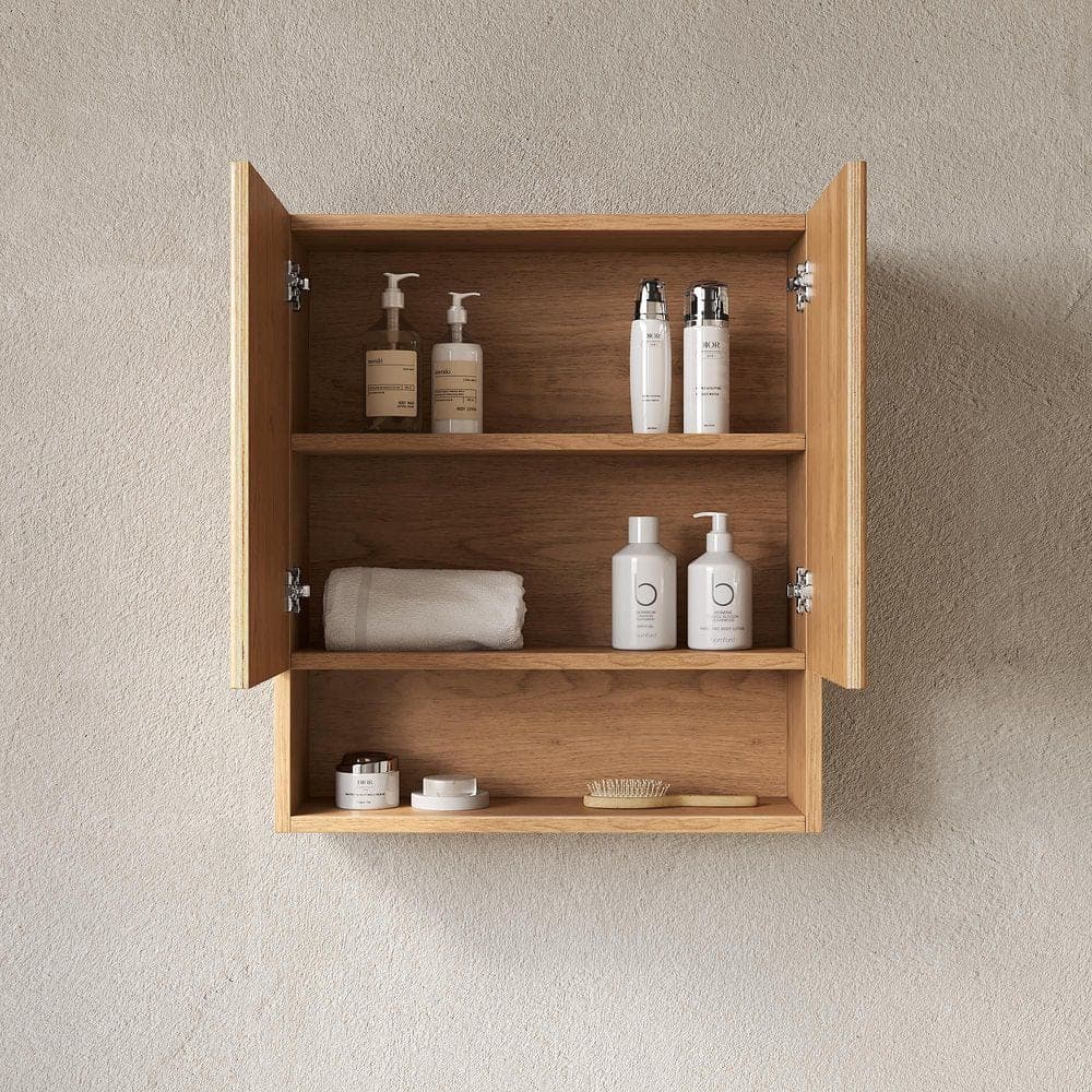 Boosicavelly 25.98 in. W x 7.87 in. D x 29.53 in. H Orange Plywood Wall-Mounted Linen Cabinet with Doors, Shelf in Natural Wood (3)