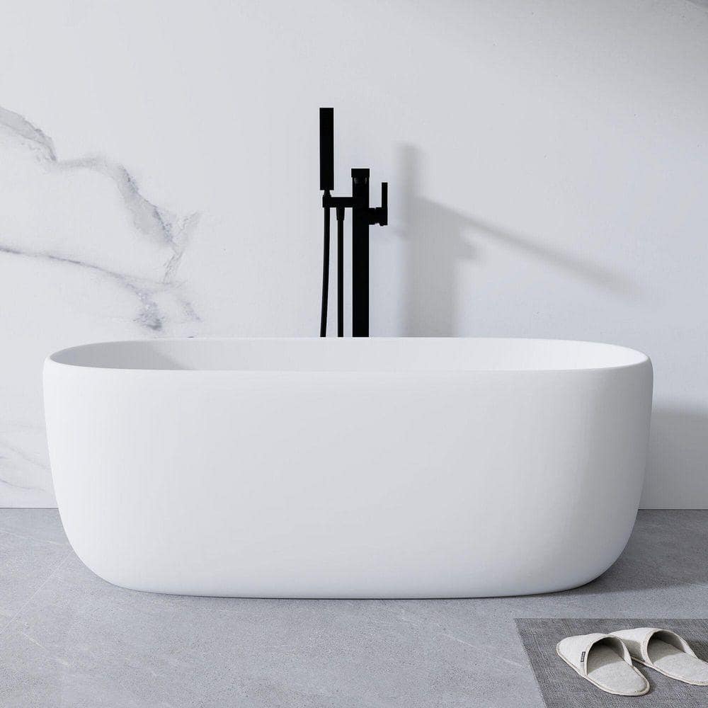 YANTENG LLC H2O Classic 51 in. x 25.6 in. Solid Surface Freestanding Soaking Bathtub with Center Drain in Matte White (2)