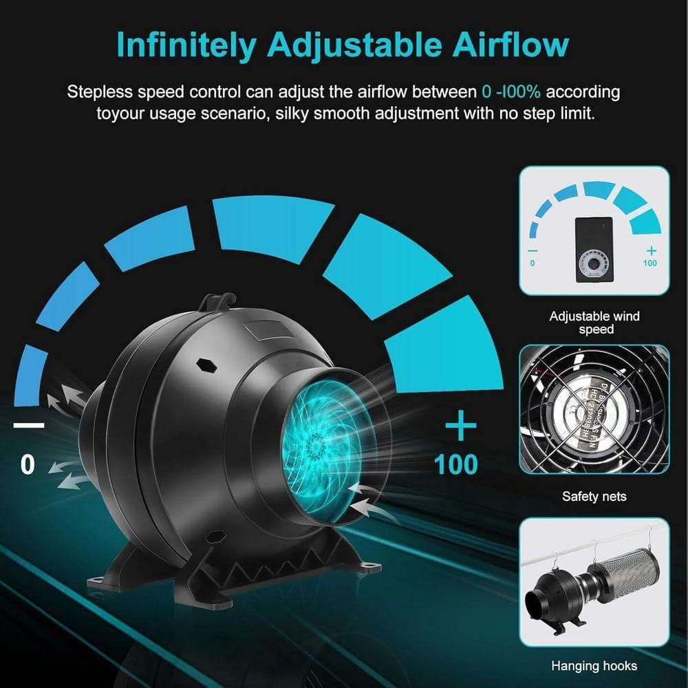 KIWDZFU 190 CFM Inline Duct Fan with Adjustable Speed Control and Noise Reduction Black Electric Power Mount (2)