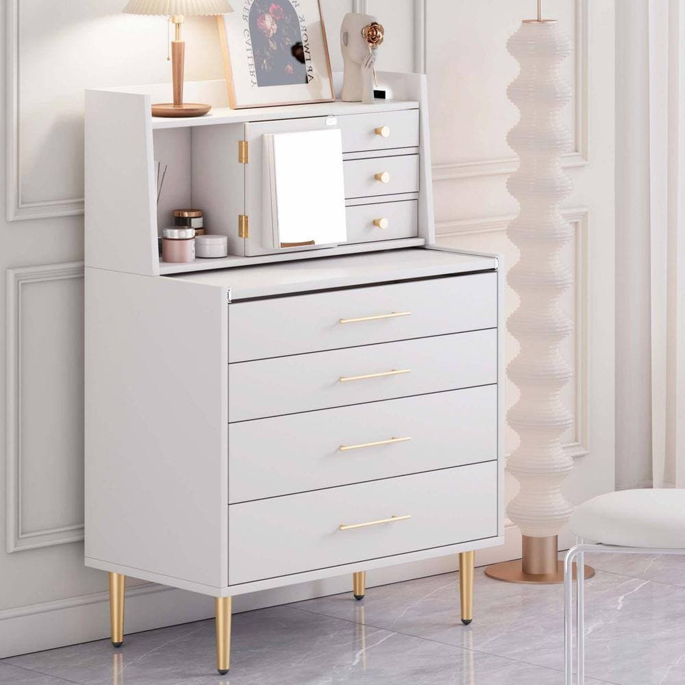 Unbranded 31.5 in. W x 16.9 in. D x 43.3 in. H White Linen Cabinet Vanity Makeup Table with Mirror and Retractable Table (2)