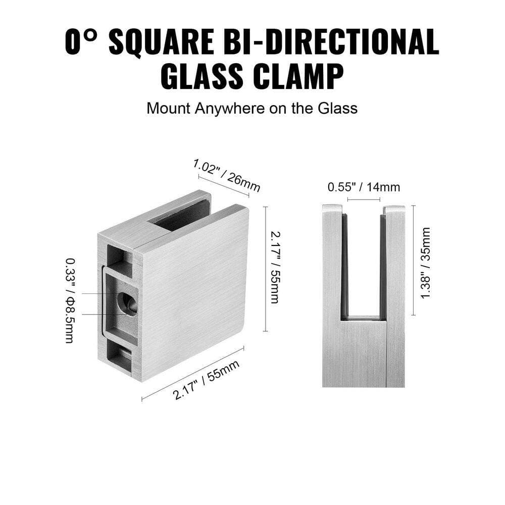 Laybus 4 Pcs Square Glass Railing Bracket for 0.31 in.-0.47 in. Tempered Glass, 304 Stainless Steel Glass Mounting Clamp (3)