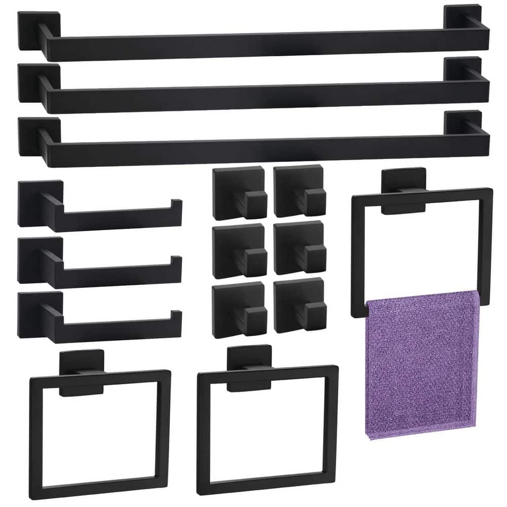 Anqtovp 15 Piece Bathroom Hardware Set with Towel Bars, Toilet Paper Holders, Towel Rings, Hooks in Matte Black (3)
