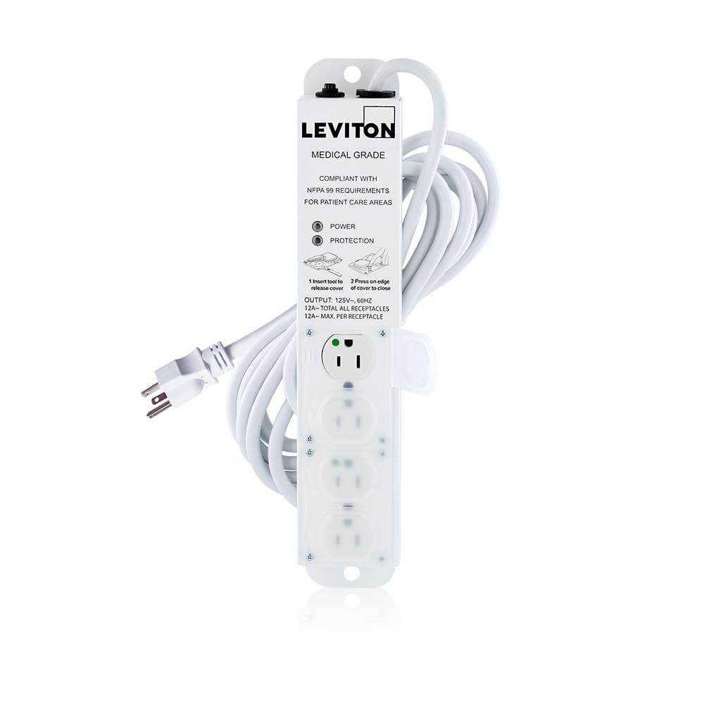 Leviton 15 Amp Medical Grade 4-Outlet Power Strip with Protection, Locking Covers and 15 ft. Cord, White (1-pack) 5304M-1S5 (1)