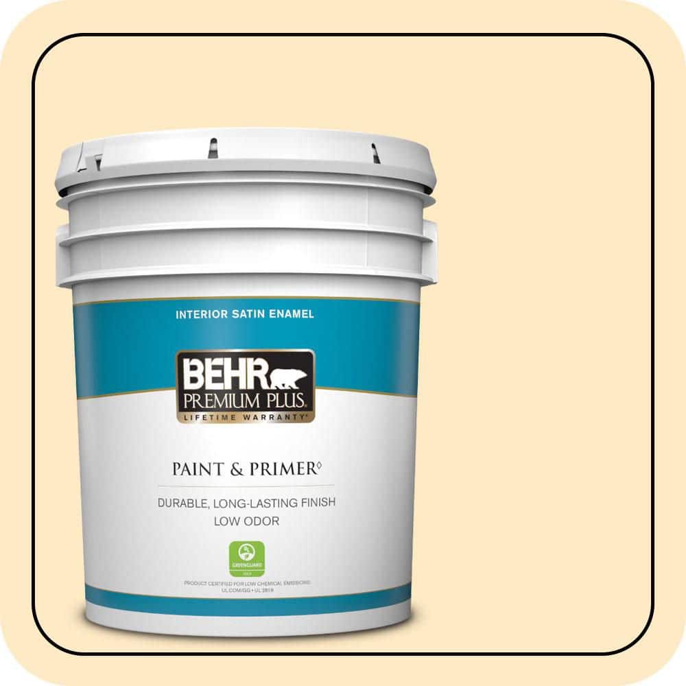 BEHR PREMIUM PLUS 5 gal. #P250-1 Papaya Sorbet Satin Enamel Low Odor Interior Paint & Primer