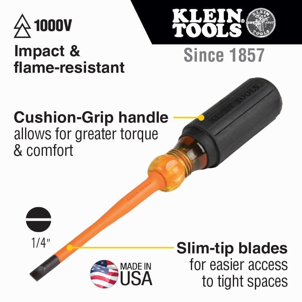 Klein Tools 1/4 in. Cabinet, 6 in. Slim-Tip 1000-Volt Insulated Screwdriver (2)