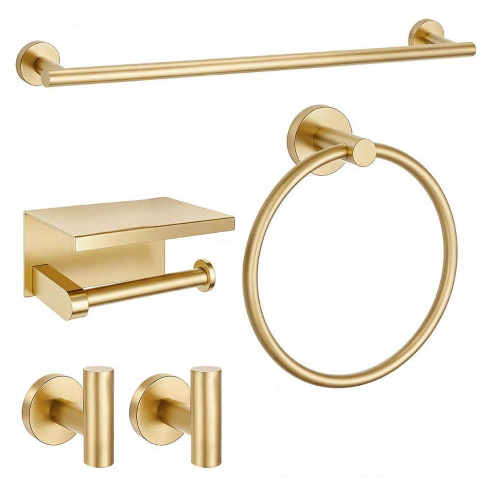 JFVKAF 5 Piece Bathroom Hardware Set with Towel Rack Towel Ring Toilet Paper Holder Hooks in Brushed Gold Finish (1)