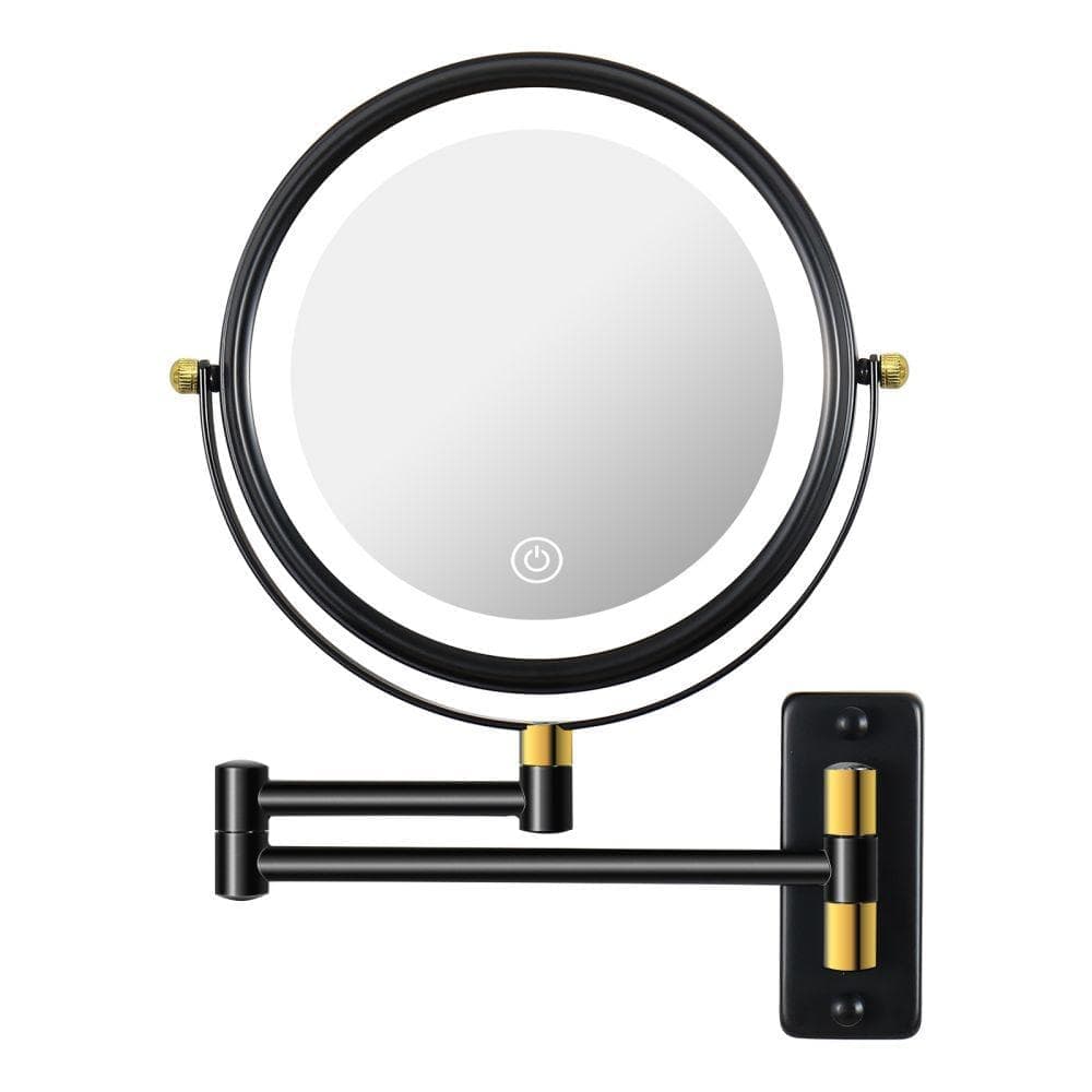 Amucolo 8.6 in. W x 12 in. H LED Lighted Round 1 x/10 x Magnifying Wall Mount Bathroom Makeup Mirror in Black Gold
