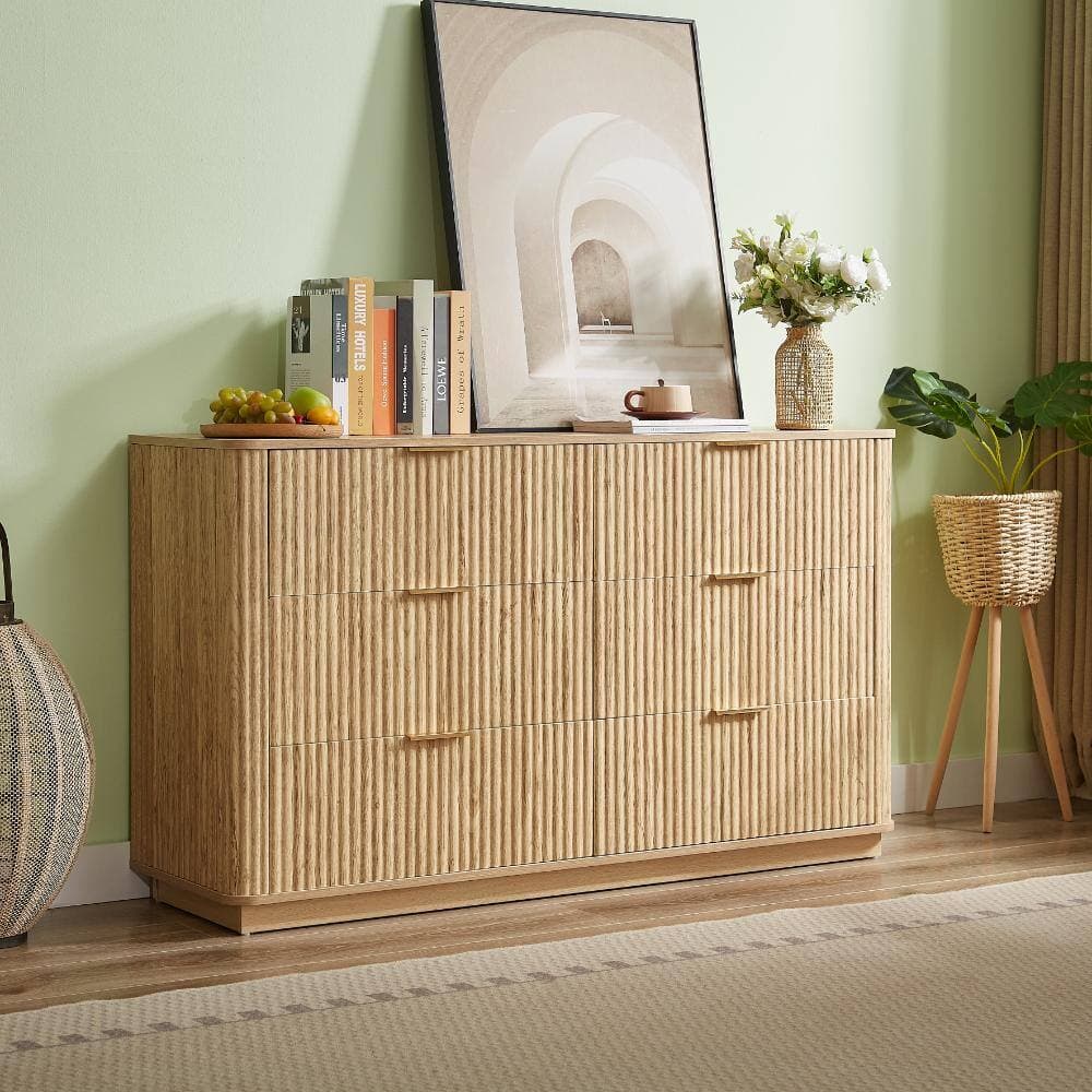 COWLOWN 55.12 in. W x 15.75 in. D x 31.5 in. H Oak Brown Linen Cabinet with 6 Drawers (2)