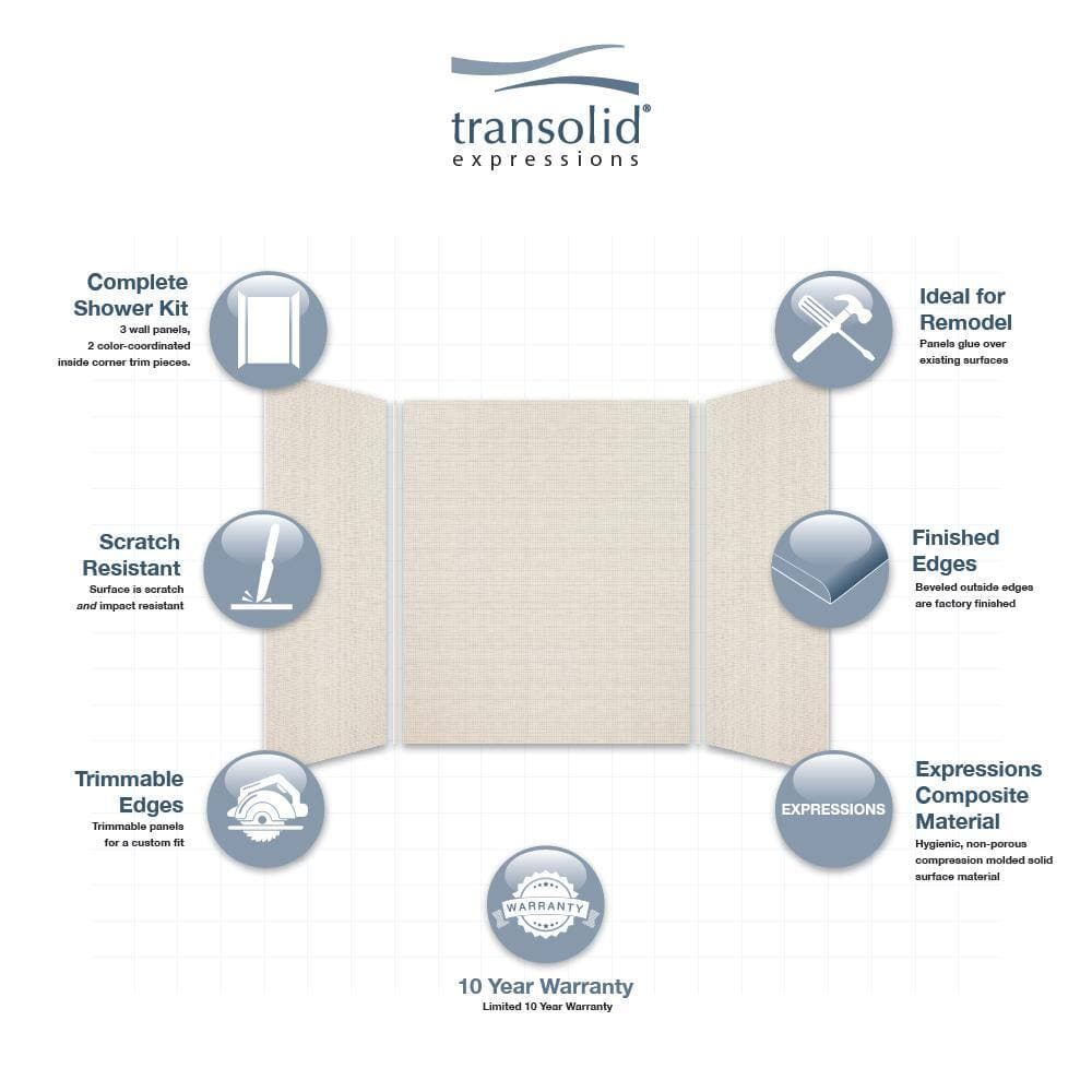 Transolid Expressions 60 in. x 60 in. x 72 in. 3-Piece Easy Up Adhesive Alcove Shower Wall Surround in Cameo (3)