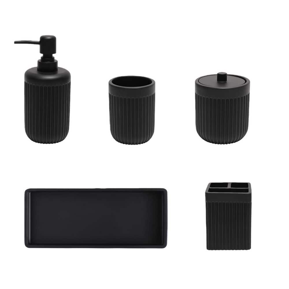 Wudkey 5-Piece Bathroom Accessory Set with Soap Dispenser, Toothbrush Holder, Tumbler, Qtip Holder and Vanity Tray in Black (1)