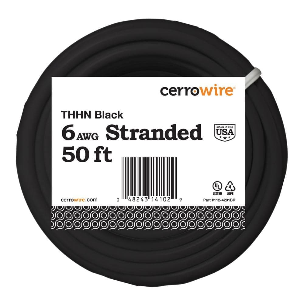 Cerrowire 50 ft. 6 Gauge Black Stranded Copper THHN Wire