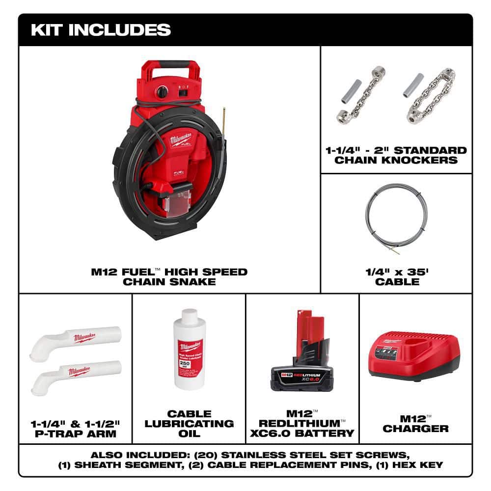 Milwaukee M12 FUEL High-Speed Flexible Shaft Drain Cleaner​ for 1-1/4 "-2" Pipe & M12 65ft Flexible Compact Inspection Camera Kit (3)