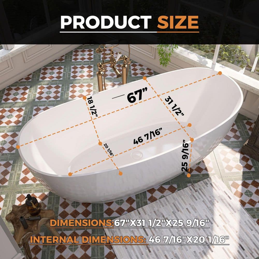 Keayeng 67 in. x 31 in. Acrylic Flatbottom Freestanding Soaking Bathtub in White (2)