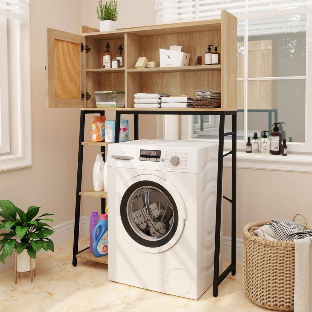 ANGELES HOME 35 in. W x 55 in. H x 11.5 in. D Natural Over The Toilet Storage with PE Rattan Door and Open Storage Shelves (2)