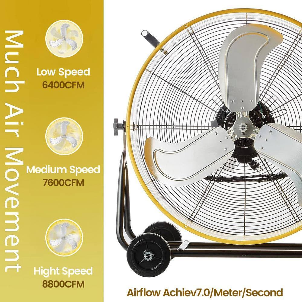 Edendirect 24 in. 3-Speeds Portable High Velocity Drum Fan in Yellow with 360° Adjustable Fan Head, Wheels, Low Noise (3)