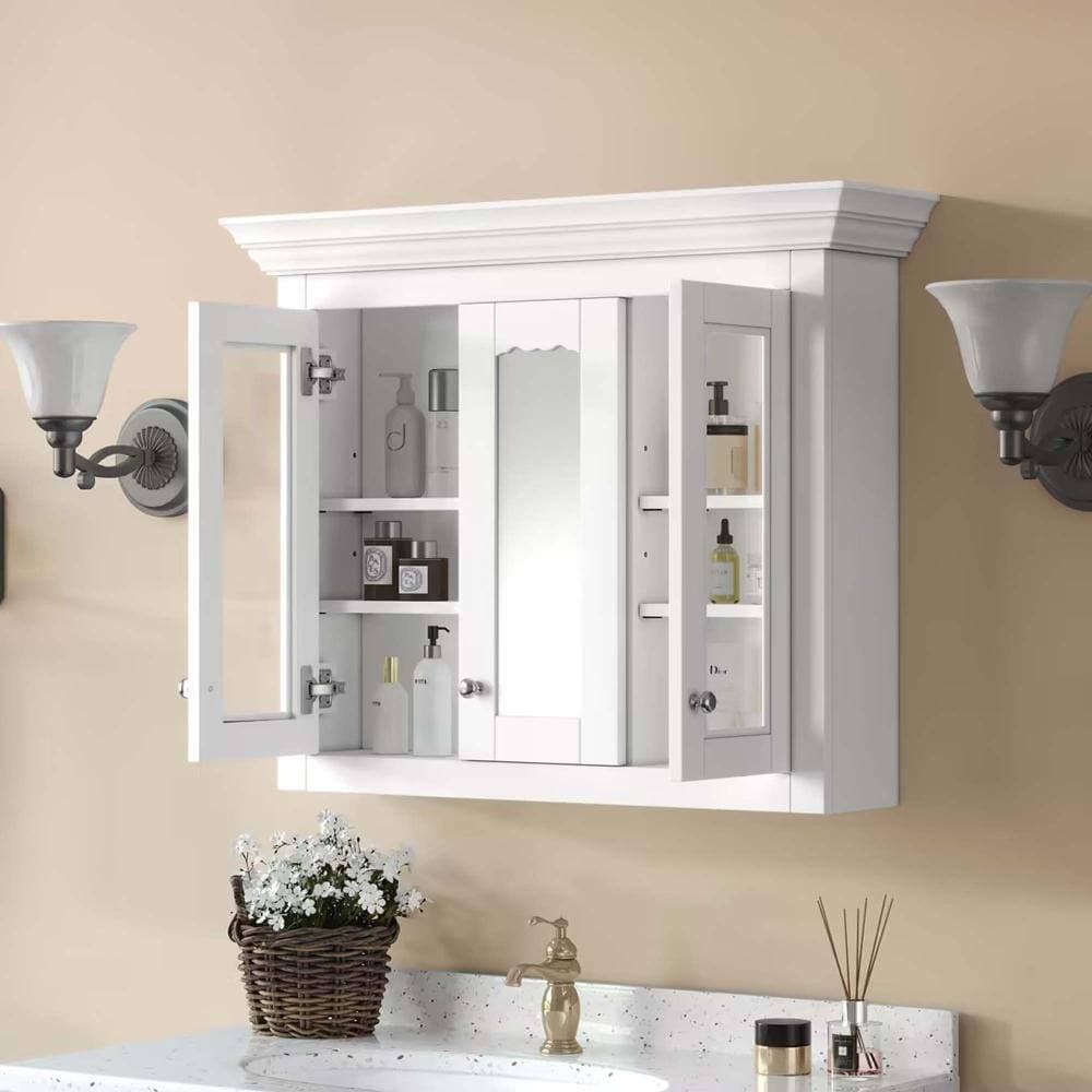 XUJMK 35 in. W x 9 in. D x 28 in. H Bathroom Storage Wall Cabinet, Medicine Mounted Cabinet with Mirror, 5 Closed, White (3)