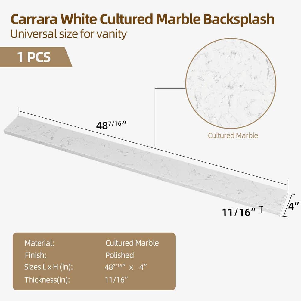 Zeafive Cala 48.5 in. W Cultured Marble Vanity Backsplash Bathroom Countertop Splash Guard in Carrara White (2)