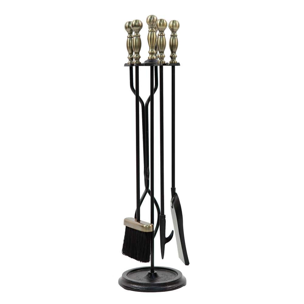 ACHLA DESIGNS 30 in. Tall 5-Piece Black and Antique Brass Sutton Fireplace Tool Set (1)