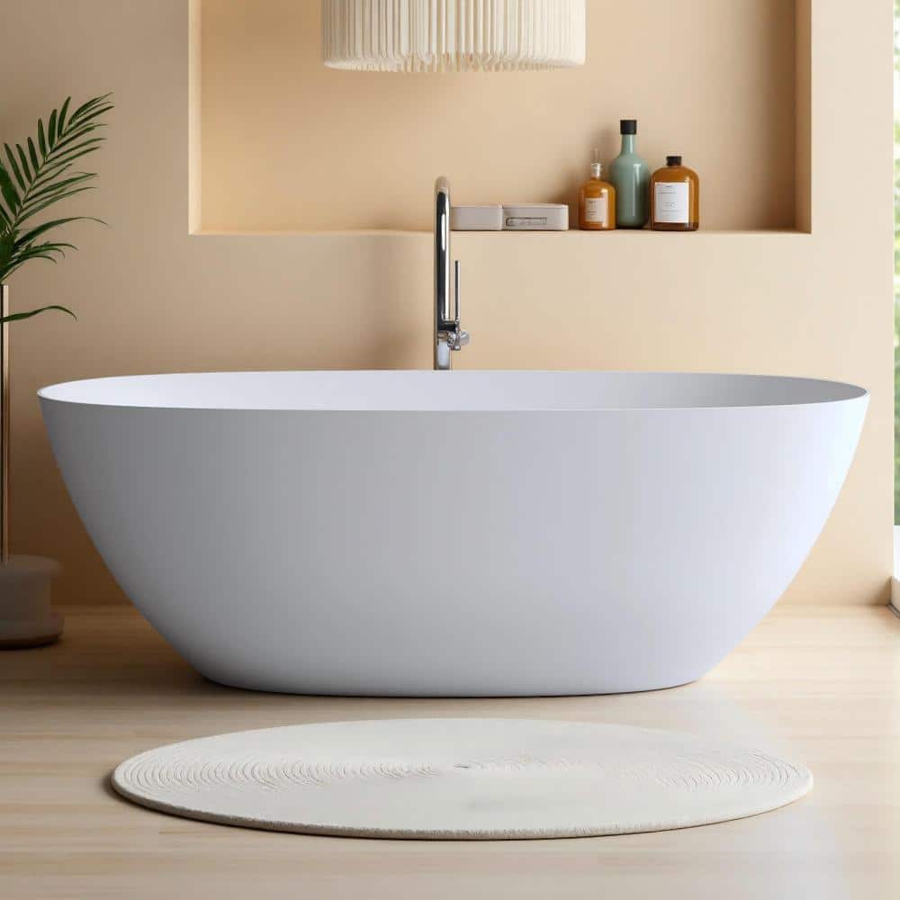 Cuschoice ch Solid Surface Freestanding Bathtub, Stone Resin Soaking Tub,Thick Edge, Pop-Up Drain,Overflow Included