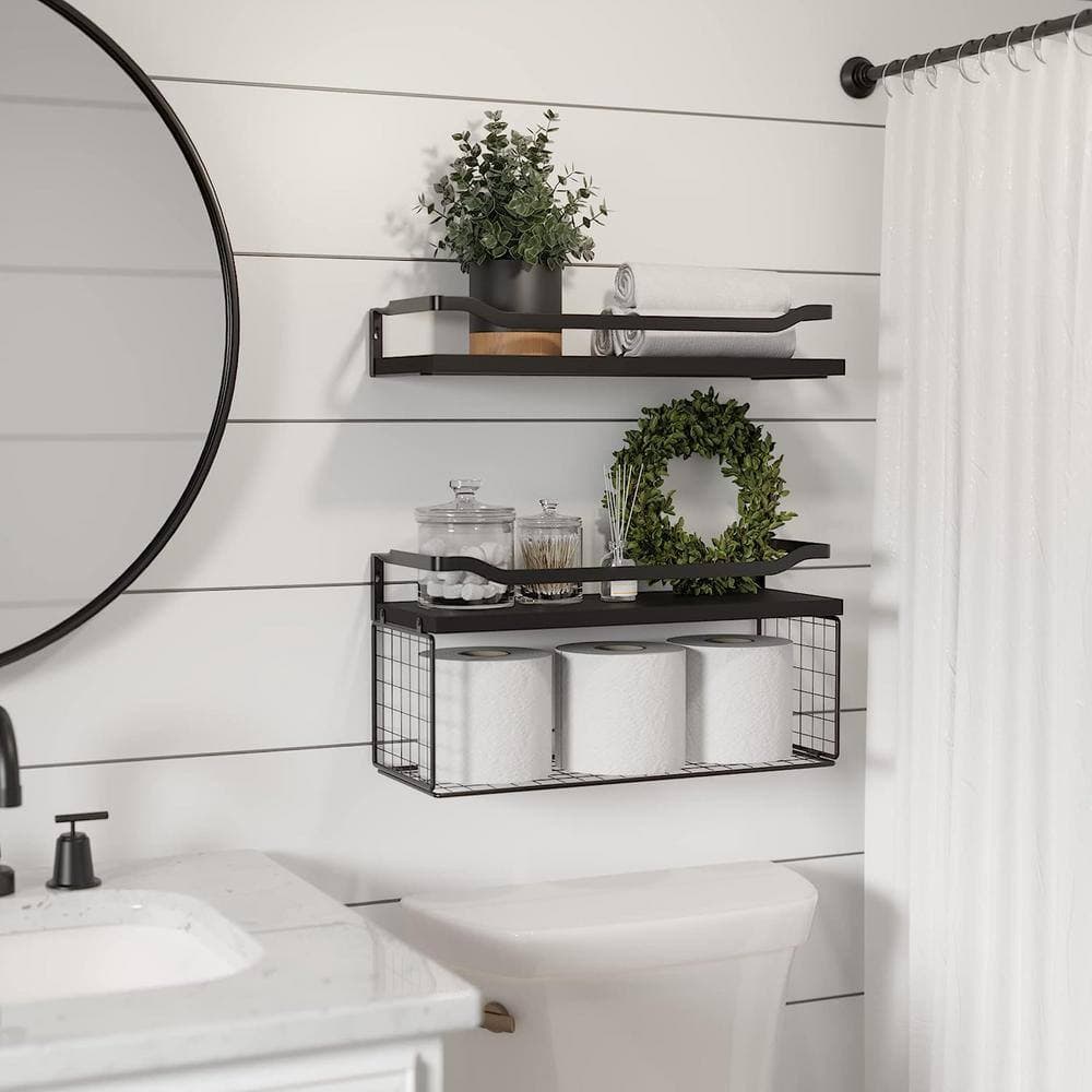 Dyiom 15.7 in. W x 5.9 in. H x 6 in. D Bathroom Shelves Over The Toilet Storage, Wall Mounted with Removable Legs- Black (3)