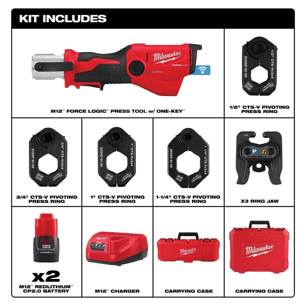 Milwaukee M12 12-Volt Lithium-Ion FORCE LOGIC Press Tool with ONE-KEY and 1/2 in. - 1-1/4 in. CTS-V Pivoting Press Ring Kit (2)