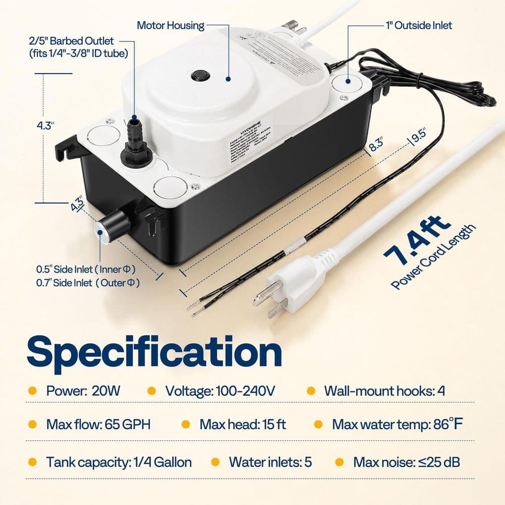 VIVOHOME 100V-240V 65 GPH AC Condensate Removal Pump with Safety Alarm Switch for HVAC/R Equipment, Dehumidifier and Furnace (2)