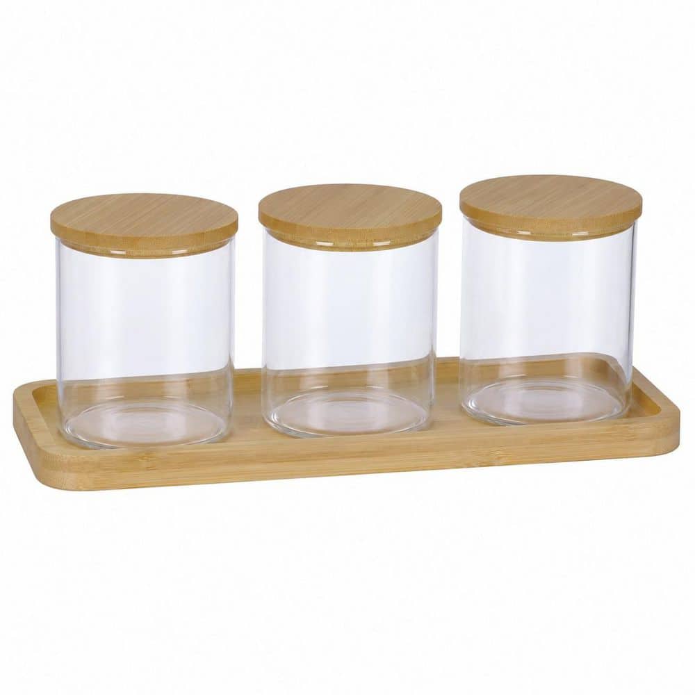 KHKFY 3-Pack Clear Glass Apothecary Jars with Bamboo Lids and Vanity Tray, Bathroom Countertop Organizer Qtip (1)