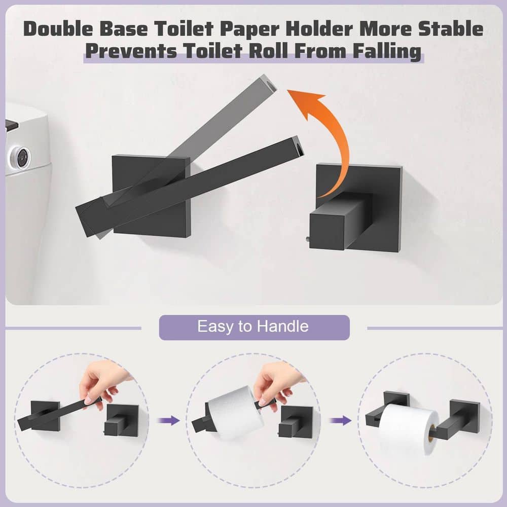 Anqtovp 5-Piece Bathroom Hardware Set with Towel Bar, Hooks, Toilet Paper Holder in Matte Black Stainless Steel Finish (3)