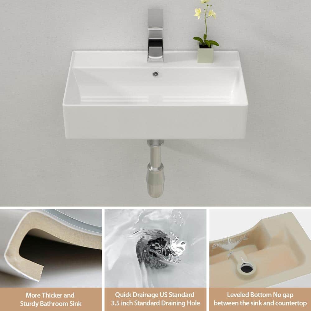 Logmey 12 in. Ceramic Rectangular Wall Hung Vessel Sink with Single Faucet Hole and Overflow Hole (4)